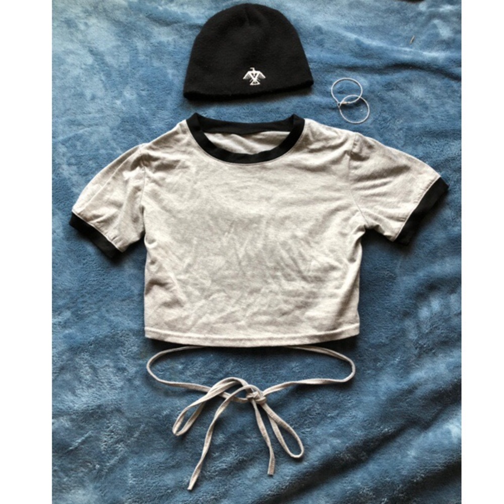 NWOT Gray Crop Top w Black Hems & String Tie